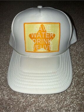 White Trucker Hat with Orange 'Save Water Drink Veuve' Patch